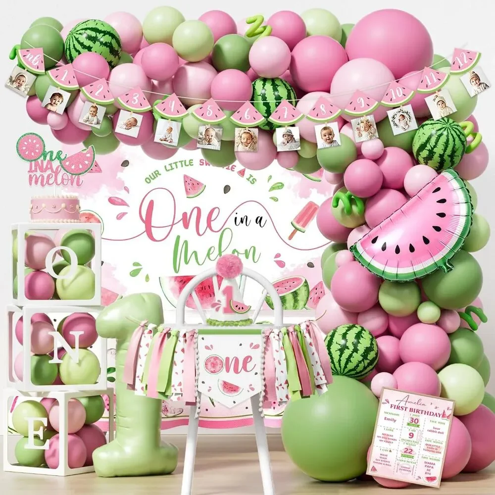 One In A Melon 1st Birthday Decorations Girl Watermelon Party Supplies Set Pink